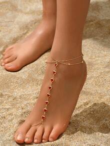 1件波西米亚风甜心水晶串珠脚链，多层简约金色赤脚饰品，性感凉鞋配饰 - 紅色 - 查看 4