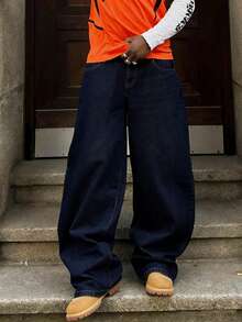 Loose-Fit Jeans, Men's Street Style Casual Cotton Denim Pants, Baggy Design, Washed Long Skateboard Jeans, Cargo Style, Blue Jeans, Streetwear, Y2K Fashion - Dark Wash - View 5