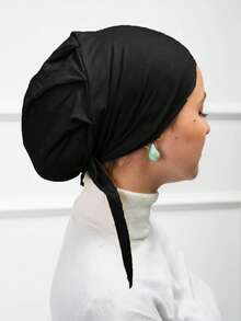 1 pieza Gorra interior con banda elástica incorporada y correas de amarre, suave y suave, transpirable y absorbente del sudor, material elástico y resistente a las pelusas, adecuado para uso diario como capa base, playa, vacaciones - Negro - Ver 4