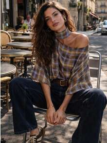 女士复古时尚系带圆领宽松撞色格纹蝴蝶袖雪纺衬衫，优雅复古超大款春季上衣 - 彩色 - 查看 3