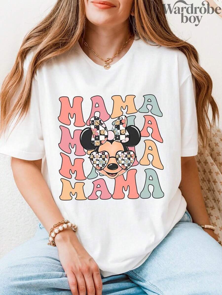 Disney Printed T-Shirt,Disney Minnie Printed T-Shirt, Mother's Day Printed T-Shirt, Mother's Day Gift, High-Quality Pure Cotton T-Shirt,Suitable For All Seasons, Comfortable And Breathable| Exquisite Design | The Best Choice For Giving Gifts - 白色 - 查看 1