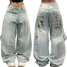 Baggy Jeans Women Men Hip Hop Goth Street Y2k Jeans Print Vintage High Waist Denim Wide Leg Pants Street Wear - 淺藍色 - 查看 9