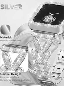 1pc 41mm Jewelry Diamond Metal Band & Protective Case Compatible With Apple Watch Series 9/8/7, Fits 38mm, 40mm, 41mm, 42mm, 44mm, 45mm, 49mm; 2pcs Women Jewelry Replacement Metal Strap Band With Shiny Screen Protector Case Compatible With Apple Watch Ultra SE Series 9/8/7/6/5/4/3/2/1, Shiny Women Watch Band Accessories - Silver - View 8