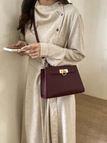 女士手提包，时尚优雅精致方形包，适合购物、通勤、送礼、商务场合，可手提或肩背，酒红色 - 酒紅色 - 查看 8