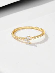 1pc Minimalist Luxury Silver Ring With Micro-Inlaid Zirconia Stone, Versatile Finger Ring Jewelry - Gold - View 3