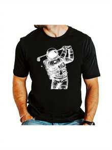 Camiseta de golf de astronauta negra 100% algodón - Estampado gráfico divertido de astronauta, corte relajado, unisex, cuello redondo, para golfistas, lavable a máquina, ropa casual para todas las estaciones, regalo novedoso para el Día del Padre para esposo y papá, textura suave, temática espacial, construcción duradera, para entusiastas del espacio. - Negro - Ver 8