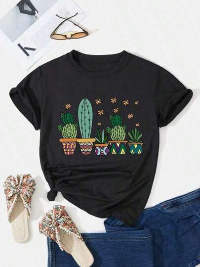 Camiseta casual de manga corta con estampado de cactus bonsai para mujer,Top de verano con cuello redondo