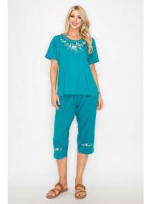 Women Short Sleeves Embroidered Cotton Blend Lounge Wear  Sets - Green - View 1