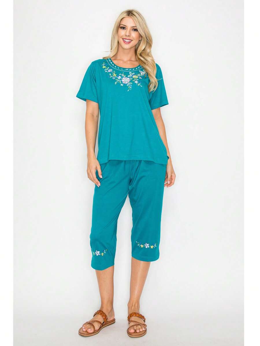 Women Short Sleeves Embroidered Cotton Blend Lounge Wear Sets - Green - View 1