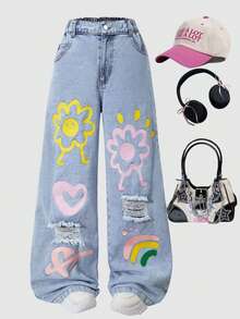 Tween Girls' Cartoon Print Distressed Loose Wide-Leg Jeans - Blue - View 7