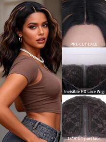 Brown Highlight Short Water Wave Bob Wig Synthetic T-Part Lace Front Wig For Effortless Styling - Brown Highlight - View 5