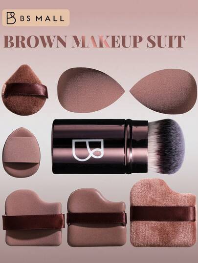  BS-MALL 8-Piece Portable Travel Makeup Brush Set, 1 Retractable Brush + 7 Makeup Sponge Applicators, Large Coverage Makeup Tools