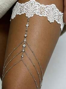 1件蕾丝流苏仿钻腿链，时尚优雅性感派对装扮，节日礼物，弹性面料（手工制作，尺寸误差1-3厘米） - 白色蕾絲水鑽流蘇腿鏈 - 查看 4