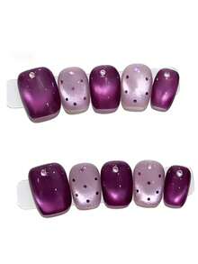 10pcs It's Named Amethyst Star Dots. This Manicure Features A Striking Contrast Between Deep Amethyst Purple And Soft Lavender, With A Glossy, Jelly-Like Finish That Mimics The Translucency Of Gemstones. Adorned With Tiny, Sparkling Rhinestones, It Creates A Luxurious, Feminine Vibe-Perfect For Anyone Who Loves Elegant, Sophisticated Nail Art. Press On Nails - Purple - View 1