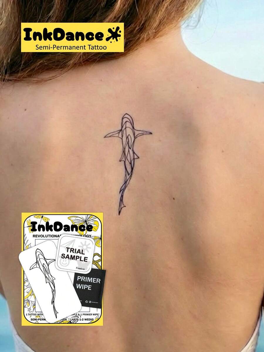 1 Kit "Geometric Shark Line Art" Technology Tattoos, Semi-Permanent Tattoos, Ocean Flow, Temporary Tattoos, Long Lasting, Fake Tattoos, Water-Resistant, Authentic Tattoo Look, Plant-Based X250 - Black - View 1