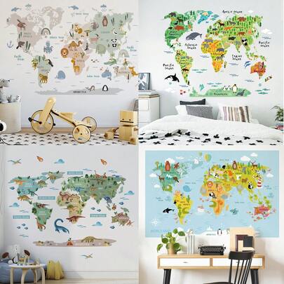 2 Packs Animal World Map Wall Stickers, Suitable For Bedroom And Living Room Decor, Self-Adhesive Removable PVC Stickers