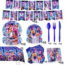 Hasbro 96件套韩流动漫主题派对用品套装，包含一次性餐具套装（含横幅）、9英寸和7英寸餐盘、9盎司杯子、刀叉、餐巾纸和桌布，适合女孩主题派对 - 彩色 - 查看 4
