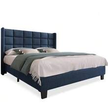 Upholstered Double Bed With Padded Headboard, 140x200cm, In Blue Linen, Medium Firmness (Mattress Not Included) - Navy Blue - View 8