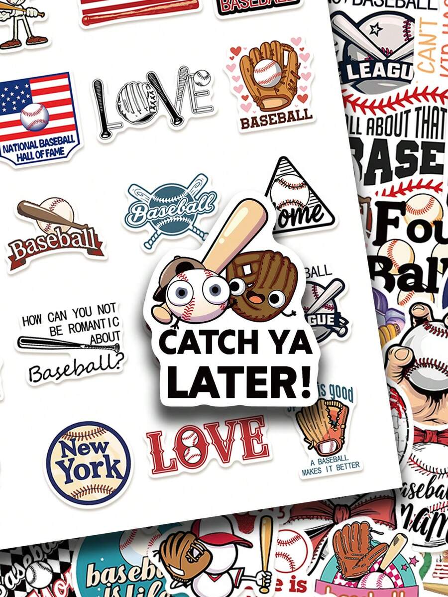 50pcs Baseball Stickers Aesthetic Vibes For Journal, Phone Case, Tablet, Water Bottle, Desk, Helmet, Bike, Luggage, Waterproof Decals - Multicolor - View 1