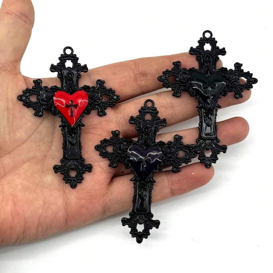 1 pieza Colgante de cruz y corazón plateado - Cruz de plata, corazón de plata - Ver 1