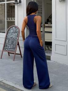 2pcs Women Casual Square Neck Sleeveless Crop Top And Drawstring Waist Pants Set, Made Of Stretchy Fabric, Suitable For Daily Wear - Navy Blue - View 6