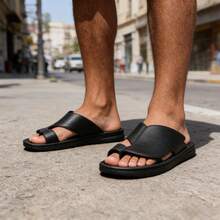男士拖鞋，黑色简约设计橡胶底凉拖鞋，休闲夏季黑色平底凉拖鞋 - 黑色 - 查看 9