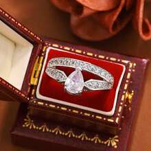 时尚双层水滴几何戒指，女士订婚及结婚珠宝礼物 - 白色 - 查看 9