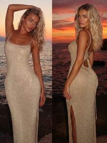 女士新款性感迷人吊带连衣裙，方领系带露背设计，做工精致，侧开衩，修身剪裁，优雅长裙，适合海滩度假、海滩派对、节日、日常约会、时尚写真、毕业典礼、夏季休闲场合等。 - 粉色 - 查看 4