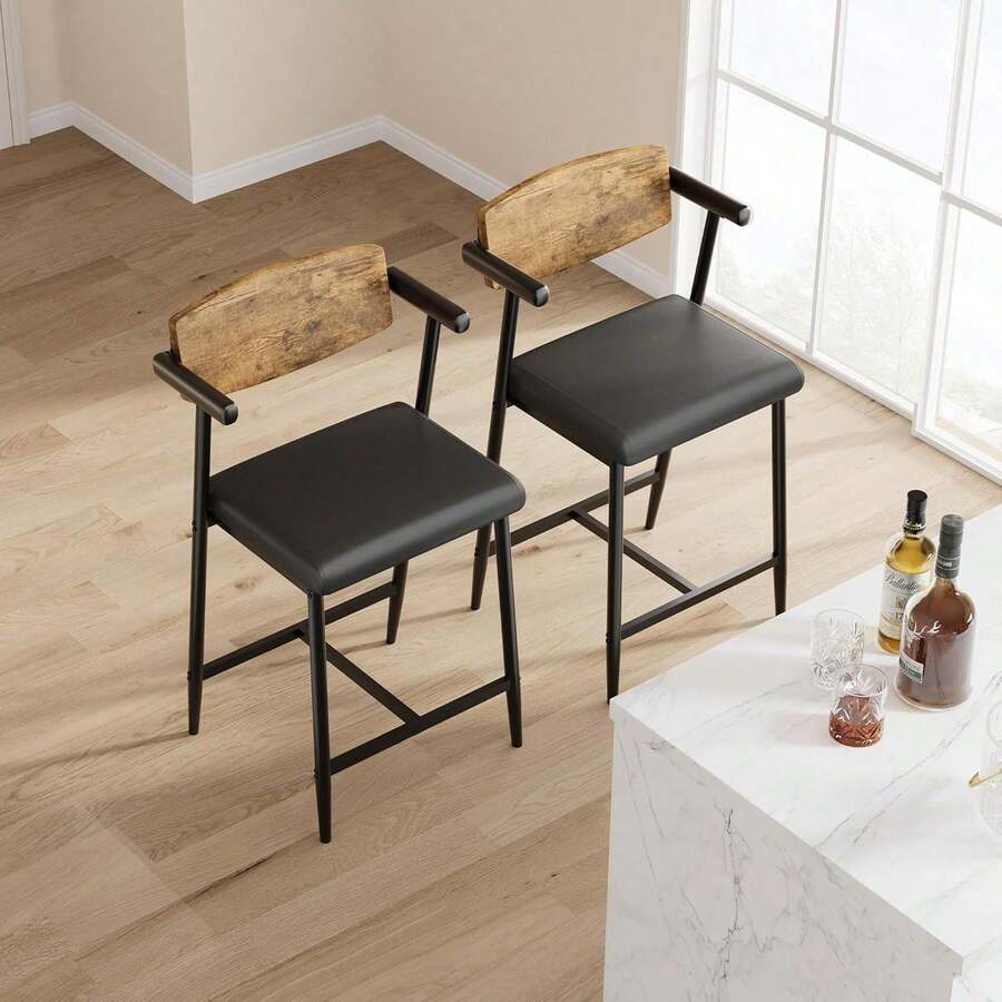 Barstools - Vintage-colored Wooden Backrest - Two-piece Set - View 1