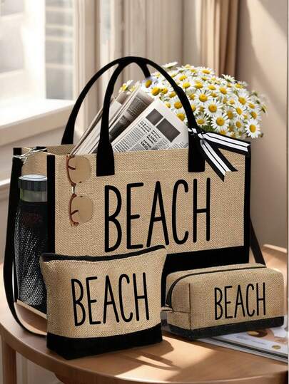 3Pcs/Set''BEACH''Letter Print The Beach Tote Bag, Simple Linen Tote. Reusable Grocery Shopping Tote Bag And Makeup Bag, Wallet,Holiday Gift Bag, Large Capacity With Adjustable Shoulder Straps And Side Pockets,Perfect For Vacation Travel (Khaki), A Daily Commuting Bag,Suitable For Daily Use, Birthdays, Holidays, Back To School, Vacations, Beaches, Travel, Commuting, Business, Students, Picnics, Camping, Supermarkets, Daily Storage, Mother'S Day, Teacher'S Day And Anniversaries