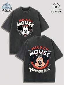 Disney1955 Club Retro Washed T-Shirt, Summer Casual Men's T-Shirt, Y2K Style Club Music Symbol Print. Suitable For Everyday Wear, Outdoor Activities, Sports, Vacations, And Parties. A Top Choice For Boyfriend Gifts/Family Sets/Couple Outfits. - Black - View 1