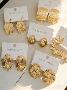 2/4 Pairs Of 18K Gold-Plated Stainless Steel Fashion Geometric Oval/Leaf, Shell Hollow Earrings Women's High-Quality Hypoallergenic Jewellery For Everyday Wear,Gold Earring - Gold - View 7