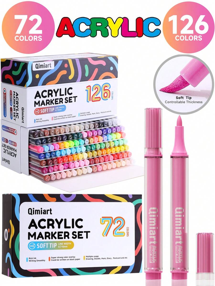 72色和126色丙烯马克笔套装，柔软尼龙笔尖，笔尖尺寸0.7-5毫米，适用于勾勒轮廓和着色，色彩丰富，激发创造力，显色度高，防晕染，覆盖力强，适合DIY和艺术创作。 - 馬克筆套裝 - 查看 1