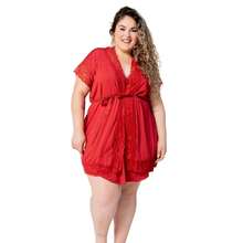 Kit Amamentação 2 Camisolas Longa e Curta  2 Robes Longo e Curto   Plus Size - Vermelho/Preto - Visão 9