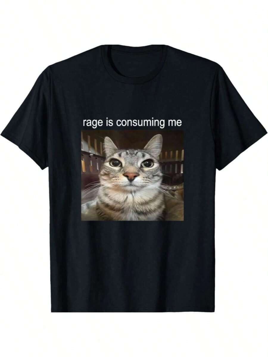 Rage Is Consuming Me Silly Staring Cat Meme T-Shirt - Black - View 1