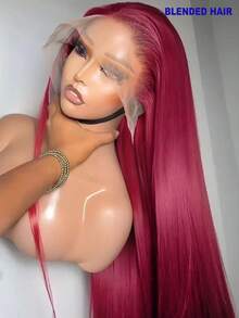 34英寸 200%密度 酒红色 99J 13*4蕾丝前假发，柔软合成纤维，耐热，透气，自然发际线，适合派对和日常佩戴 - SBUG - 查看 1