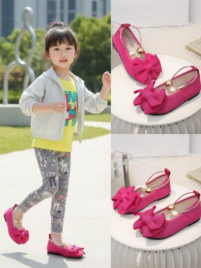 1双玫红色幼儿/小女孩芭蕾舞鞋，纯色柔软绒面PU材质，大蝴蝶结和珍珠装饰，简约圆头平底休闲公主鞋，适合3-12岁女孩，日常、上学、派对、户外活动皆可穿着，秋季新品