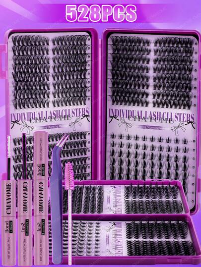 DIY Eyelash Extension Kit (608/544/528 Pieces) - Mixed Lengths 9-16mm, Suitable For Various Styles Including Cat-Eye, Cosplay, Preppy, Russian Voluminous, Natural, Summer, And Theatrical Makeup. The Kit Includes Glue, Setting Spray, And Tweezers. Portable Design, Perfect For Home And Travel. 0.07mm Thick, D-Curl, Voluminous Effect, Easy For Beginners.