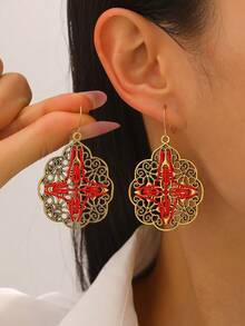 4 Pairs Vintage Distressed Western Boho Hollow Flower & Geometric Line Earring Set, Suitable For Women's Daily Wear, Jewelry Accessories - Multicolor 1 - View 6