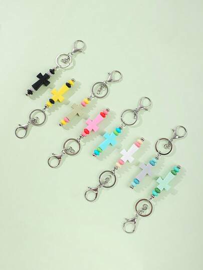 1 pieza Elegante llavero de cruz religiosa, llavero de cuentas de silicona tipo macaron, accesorio de fe de uso diario, regalo para amigos y madres