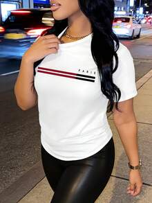 Hot Hour  Women'S Y2K Graphic-Shirt - Paris Print, Black & White Stripes, Soft Polyester Blend, Washable, Casual Short Sleeve Top All Seasons, Everyday Tshirt |   Y2K Fashion |   Comfortable Fit, Woman'S Shirt, Pretty-Shirt Women, Woman'S Blouse, Woman'S, Woman'S-Shirt - 白色 - 查看 3