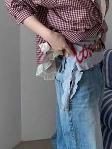 女士春季开衫，新款小格子二合一荷叶边下摆休闲复古拼接长袖衬衫，宽松百搭 - 紅色 - 查看 8