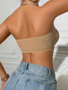 1pc Khaki Front Clasp Scoop Neck Bandeau Bra, Wide Silicone Upgraded Non-Slip (Won't Stick), Comfortable Padded Bralette, Strapless Wireless Bra For Women - Khaki - View 4