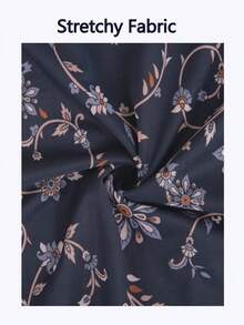 女士休闲七分袖碎花双层宽松褶皱网纱上衣，适合度假和春季穿着 - 藏蓝色 - 查看 4