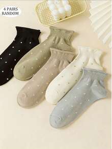 4双装女士荷叶边波点短袜，透气舒适，四季皆宜，颜色随机 - 彩色 - 查看 13