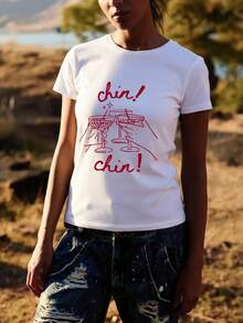 Retro "Cheers!" Cocktail Print Crew Neck T-Shirt | Women's Slim Fit Active Top, Perfect For Gym And Weekend Relaxation, Active Lifestyle, And Party Looks - White - View 4