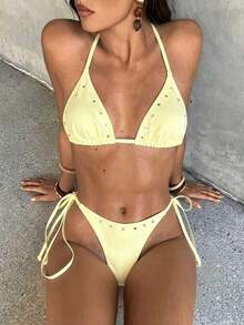 2pcs Women's Solid Color Bikini Set, Triangle Top And Tie-Side Bottom With Metal Decor, Summer Beach Swimwear - Yellow - View 5