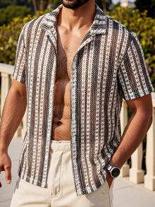 Áo sơ mi nam tay ngắn dệt kim họa tiết sọc rỗng đen trắng, phong cách thường ngày, thích hợp cho mùa hè, đi làm; trang phục nam phong cách Hawaii, áo sơ mi nam phong cách Bohemian. - màu đen - Xem 1
