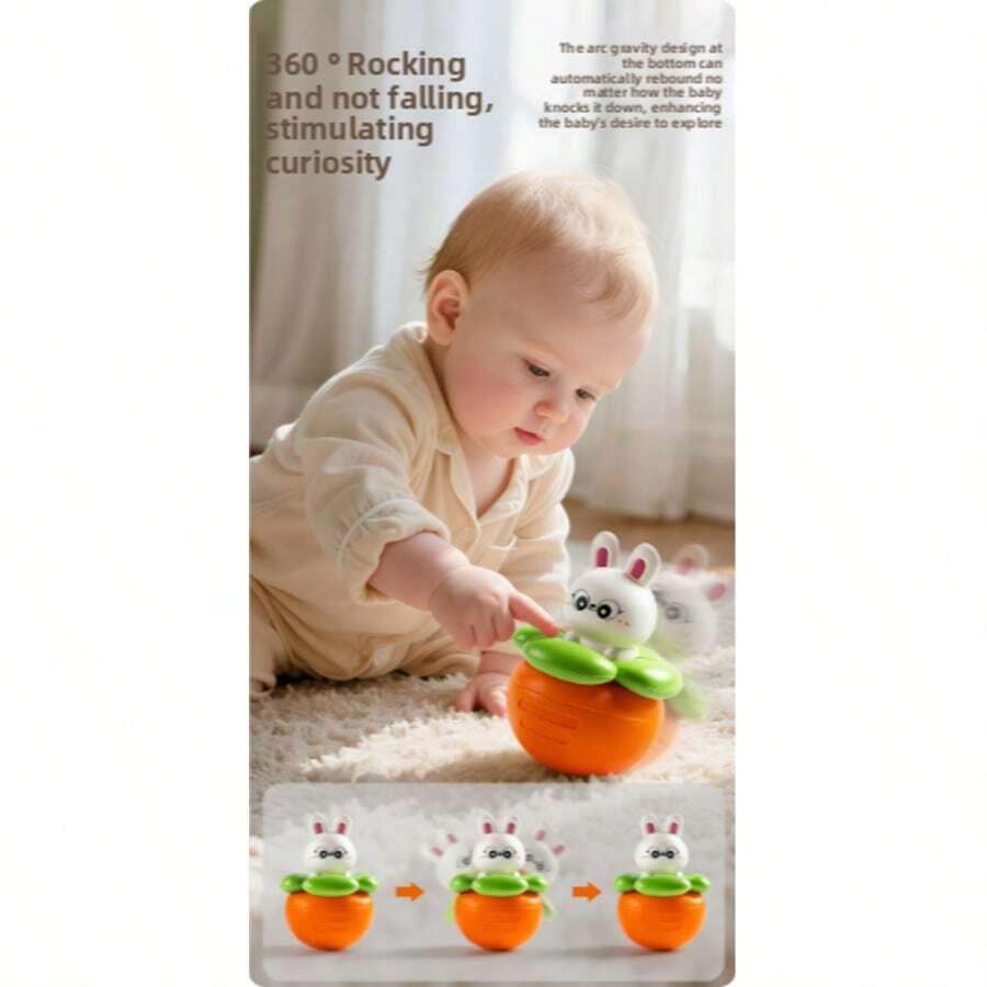 1pc Cute Rabbit & Carrot Rattle Toy - 360° Swinging Fun, Suitable For Babies 0+ Months | Promotes Hearing, Vision And Brain Development | No Sharp Edges, Easy-Grip Baby Rattle