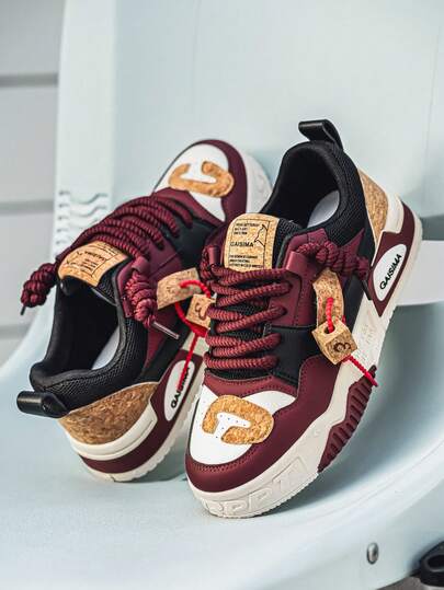 GAISIMA Unisex Wine Red & Black Patchwork Cork Sneakers, Men's Retro Casual Thick Sole Shoes, Suitable For Spring/Summer Weekend & Streetwear